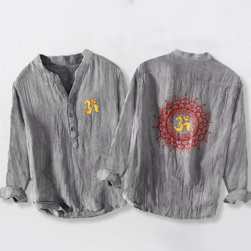 Buddha Stones OM Symbol Mandala Pattern Half Buttons Men's Cotton Linen Long Sleeve Shirt - Gray - US/UK/AU50，EU60 (5XL) - image 6