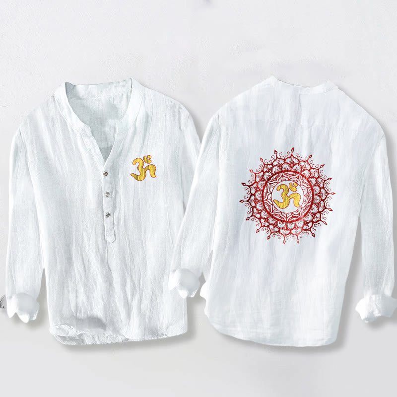 Buddha Stones OM Symbol Mandala Pattern Half Buttons Men's Cotton Linen Long Sleeve Shirt - White - US/UK/AU50，EU60 (5XL) - image 0