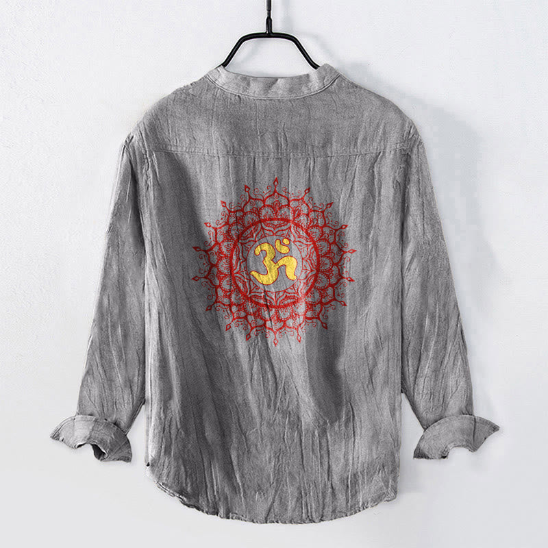 Buddha Stones OM Symbol Mandala Pattern Half Buttons Men's Cotton Linen Long Sleeve Shirt - image 8