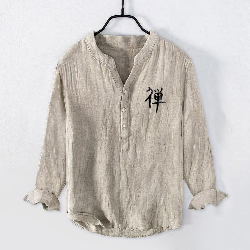 Buddha Stones Zen Character Pine Tree Sun Pattern Half Buttons Men's Cotton Linen Long Sleeve Shirt - image 4