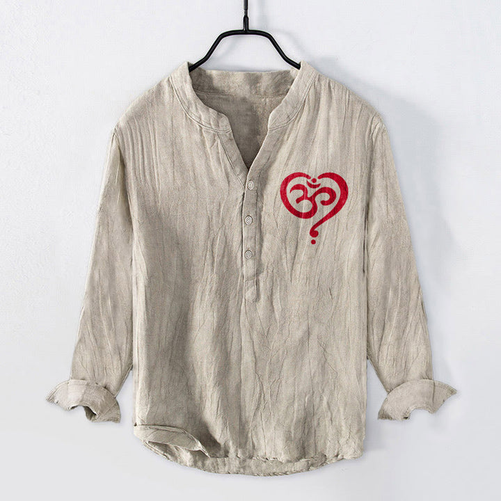Buddha Stones Heart-shaped OM Symbol Pattern Half Buttons Men's Cotton Linen Long Sleeve Shirt - Linen - US/UK/AU50，EU60 (5XL) - image 0
