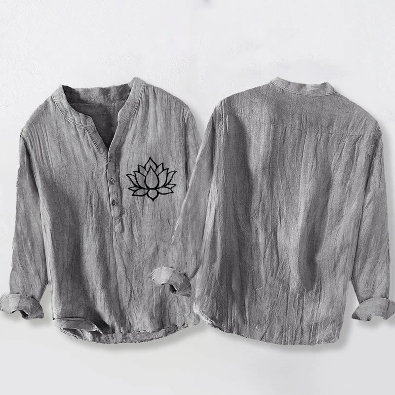 Buddha Stones Line-art Lotus Flower Pattern Half Buttons Men's Cotton Linen Long Sleeve Shirt - image 2