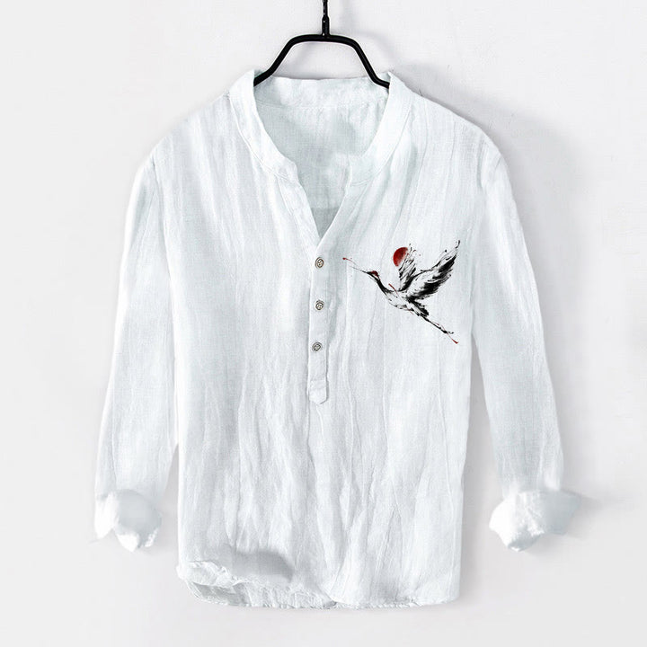 Buddha Stones Flying Crane Sun Pattern Half Buttons Men's Cotton Linen Long Sleeve Shirt - White - US/UK/AU50，EU60 (5XL) - image 6