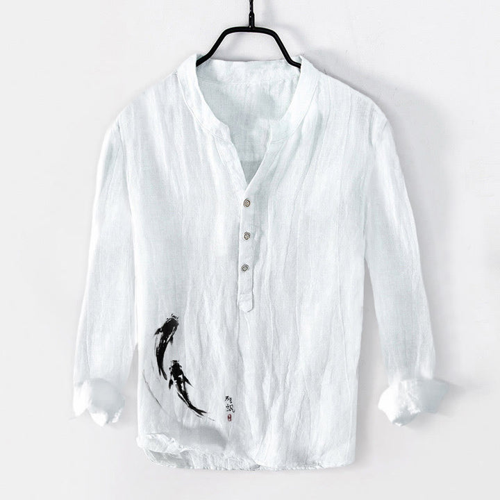 Buddha Stones Two Koi Fish Pattern Half Buttons Men's Cotton Linen Long Sleeve Shirt - White - US/UK/AU50，EU60 (5XL) - image 6
