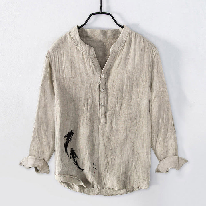 Buddha Stones Two Koi Fish Pattern Half Buttons Men's Cotton Linen Long Sleeve Shirt - Linen - US/UK/AU50，EU60 (5XL) - image 0