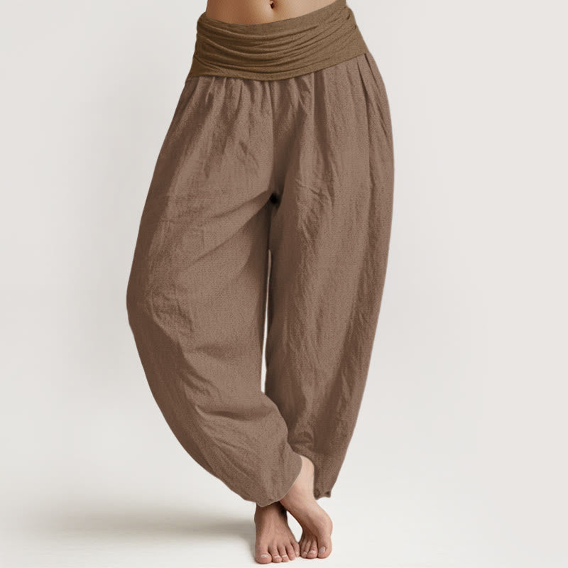 Buddha Stones Pure Cotton Plain Tan Women's Elastic Waist Harem Pants - Tan - US22，UK/AU26，EU54 (6XL) - image 0