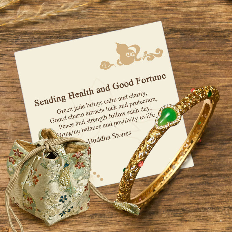 Buddha Stones "Sending Health and Good Fortune" Cyan Jade Copper Bangle Includes Gift Message Card - 56mm - Deluxe Gift Bag (+$9.59) - image 11
