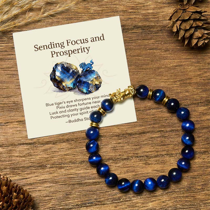 Buddha Stones "Sending Focus and Prosperity" Tiger Eye Pixiu Bracelet Includes Gift Message Card - Blue Tiger Eye(Wrist Circumference: 17-19cm) - Standard Gift Box - image 0