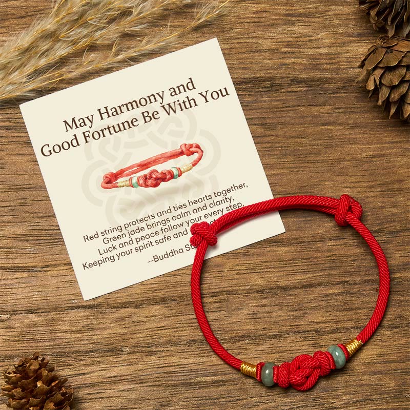 Buddha Stones "May Harmony and Good Fortune Be With You" Bracelet Includes Gift Message Card - Red String&Jade(Wrist Circumference 14-22cm) - Standard Gift Box - image 0