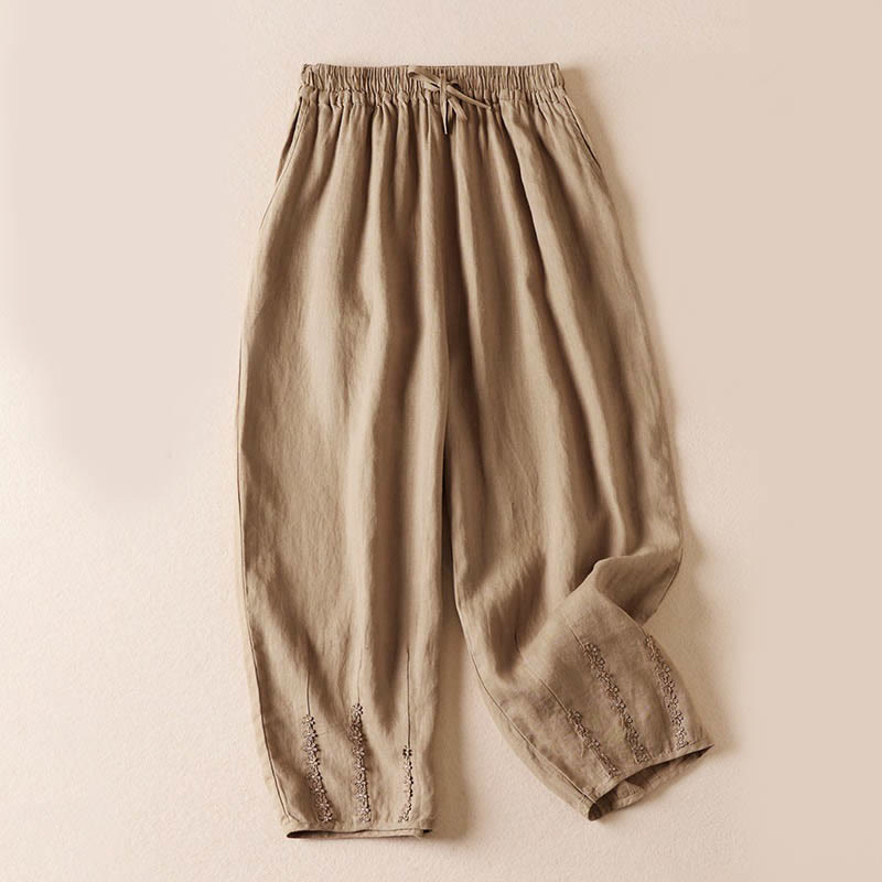 Buddha Stones Summer Small Flower Embroidery  Harem Pants With Pockets - Wheat - US8-10，UK/AU12-14，EU40-42 (2XL) - image 0