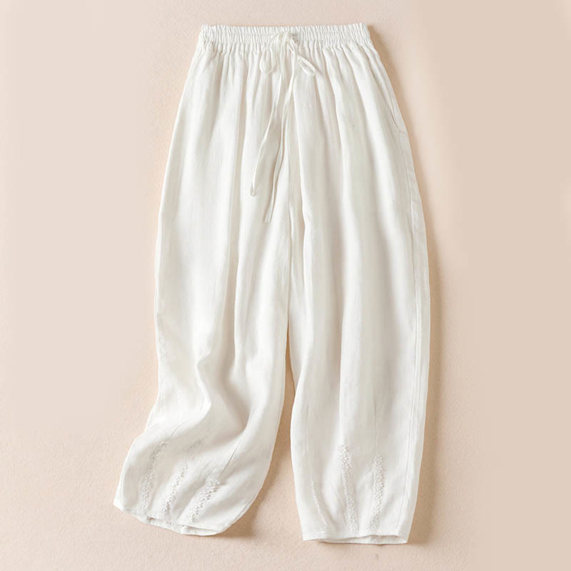 Buddha Stones Summer Small Flower Embroidery  Harem Pants With Pockets - White - US8-10，UK/AU12-14，EU40-42 (2XL) - image 17