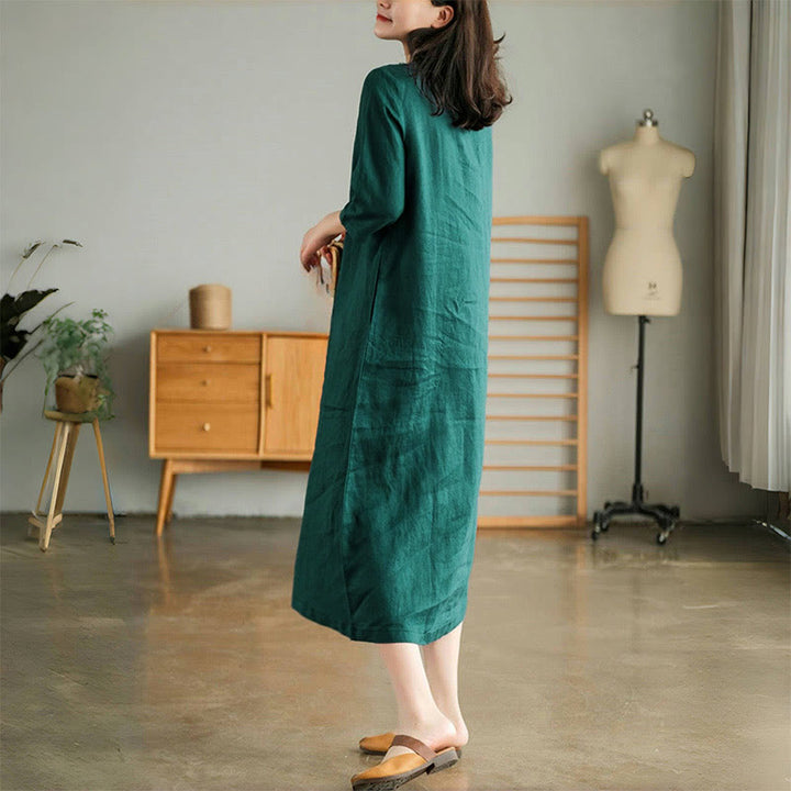 Buddha Stones Casual Plain Accordion Pleats V-neck Half Sleeve Design Midi Dress With Pockets - image 2