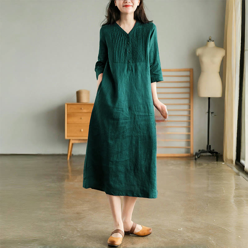 Buddha Stones Casual Plain Accordion Pleats V-neck Half Sleeve Design Midi Dress With Pockets - Teal - US12，UK/AU16，EU44 (3XL) - image 0