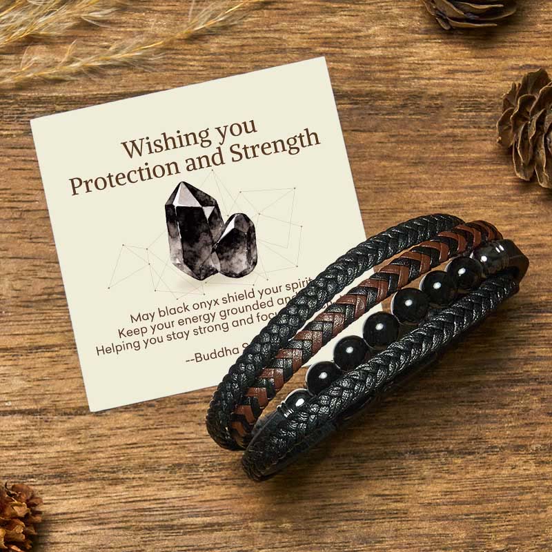 Buddha Stones "Wishing You Protection and Strength" Black Onyx Bracelet Includes Gift Message Card - Black Onyx - 18-22cm - Standard Gift Box - image 0