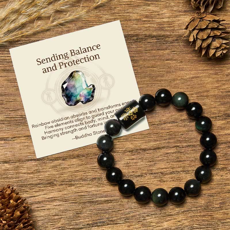 Buddha Stones "Sending Balance and Protection" Rainbow Obsidian Bracelet Includes Gift Message Card - 10mm - Standard Gift Box - image 0