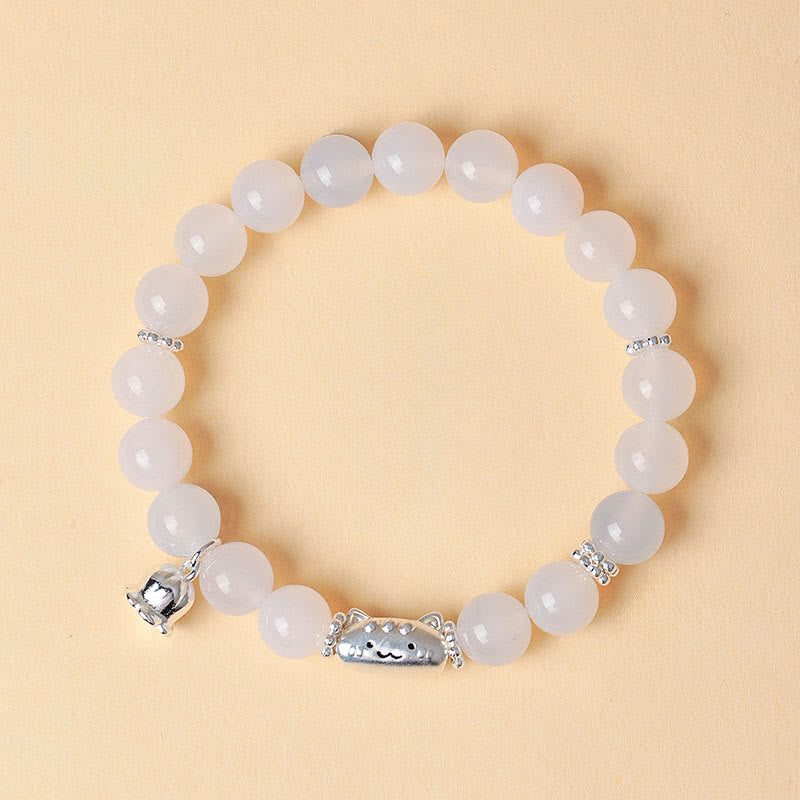 Buddha Stones 999 Sterling Silver Natural Cat Head White Cat's Eye White Agate Positive Bracelet - White Agate(Wrist Circumference:13-15cm) - image 9
