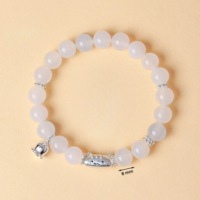 Buddha Stones 999 Sterling Silver Natural Cat Head White Cat's Eye White Agate Positive Bracelet - image 12
