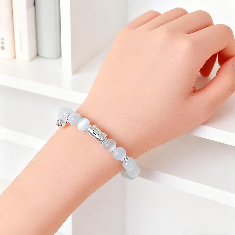 Buddha Stones 999 Sterling Silver Natural Cat Head White Cat's Eye White Agate Positive Bracelet - image 5