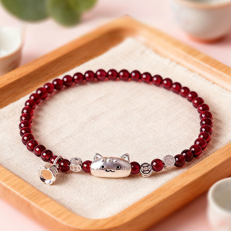 Buddha Stones 999 Sterling Silver Natural Cute Cat Head Garnet Protection Bead Bracelet - 4mm Garnet(Wrist Circumference:13-15cm) - image 0