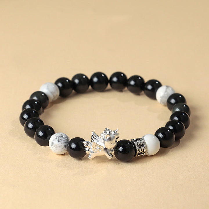 Buddha Stones 999 Sterling Silver Year Of The Horse Natural Black Obsidian Bodhi Seed Strength Bracelet - Black Obsidian(Wrist Circumference:13-15cm) - image 0