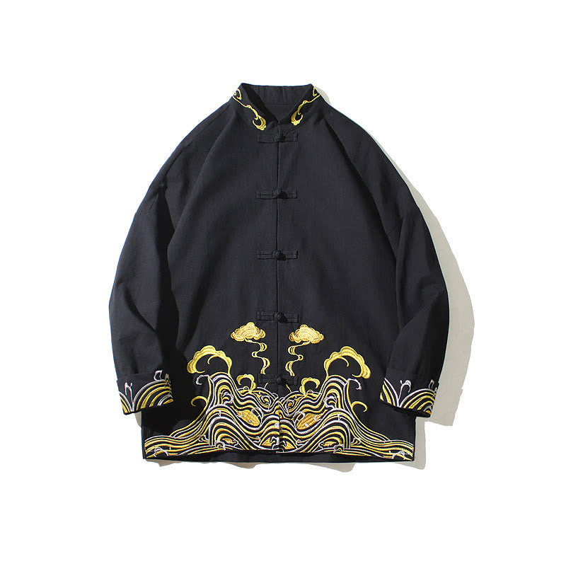 Buddha Stones Embroiderd Clouds Frog-Button Long Sleeve Men's Cotton Tang Suit Jacket - image 19