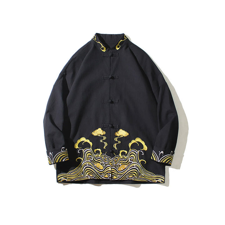 Buddha Stones Embroiderd Clouds Frog-Button Long Sleeve Men's Cotton Tang Suit Jacket - image 19