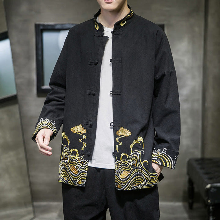 Buddha Stones Embroidered Clouds Frog-Button Long Sleeve Men's Cotton Tang Suit Jacket - Black - US/UK/AU46，EU56 (5XL) - image 9