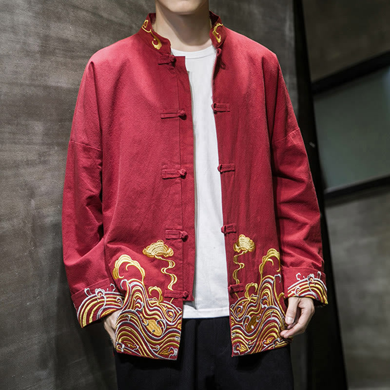 Buddha Stones Embroidered Clouds Frog-Button Long Sleeve Men's Cotton Tang Suit Jacket - image 8