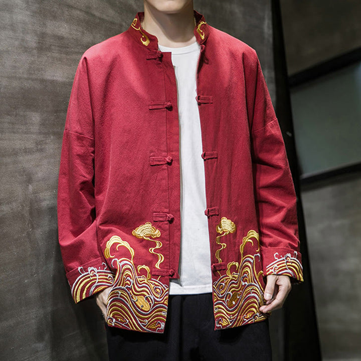 Buddha Stones Embroidered Clouds Frog-Button Long Sleeve Men's Cotton Tang Suit Jacket - image 8