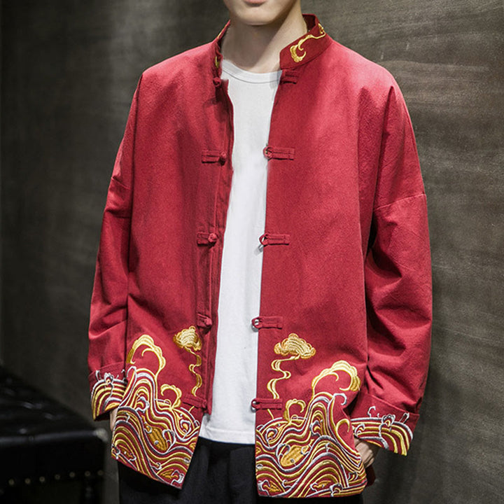 Buddha Stones Embroidered Clouds Frog-Button Long Sleeve Men's Cotton Tang Suit Jacket - image 6