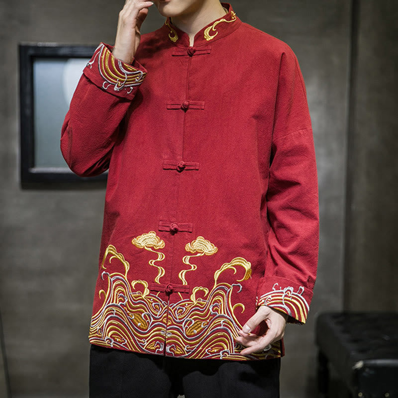 Buddha Stones Embroidered Clouds Frog-Button Long Sleeve Men's Cotton Tang Suit Jacket - image 1