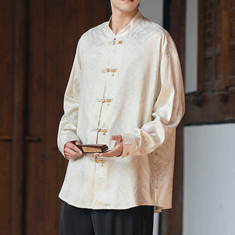 Buddha Stones Chinese Frog-Button Bamboo Shape Design Stand Collar Men's Long Sleeve Shirt - image 5