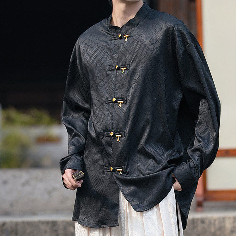 Buddha Stones Chinese Frog-Button Bamboo Shape Design Stand Collar Men's Long Sleeve Shirt - image 15