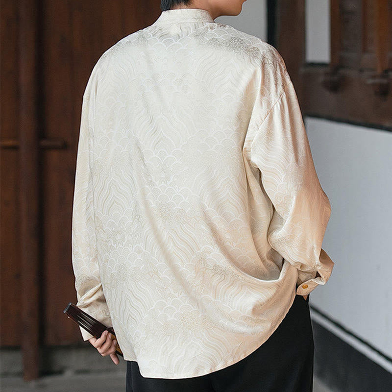 Buddha Stones Chinese Frog-Button Bamboo Shape Design Stand Collar Men's Long Sleeve Shirt - image 4