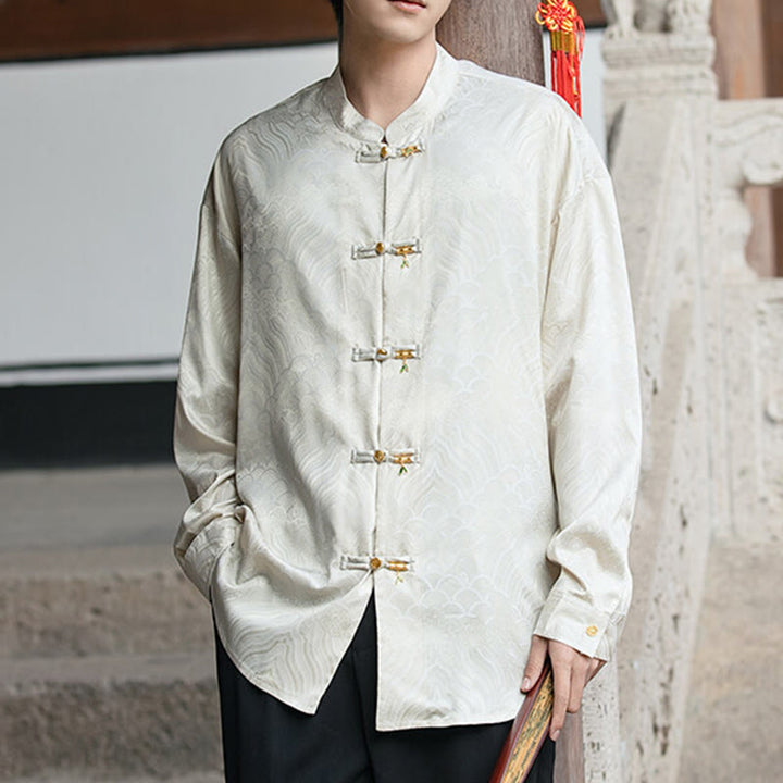 Buddha Stones Chinese Frog-Button Bamboo Shape Design Stand Collar Men's Long Sleeve Shirt - image 8