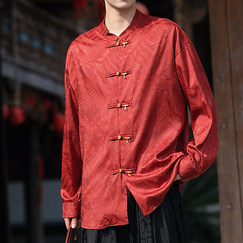 Buddha Stones Chinese Frog-Button Bamboo Shape Design Stand Collar Men's Long Sleeve Shirt - image 25