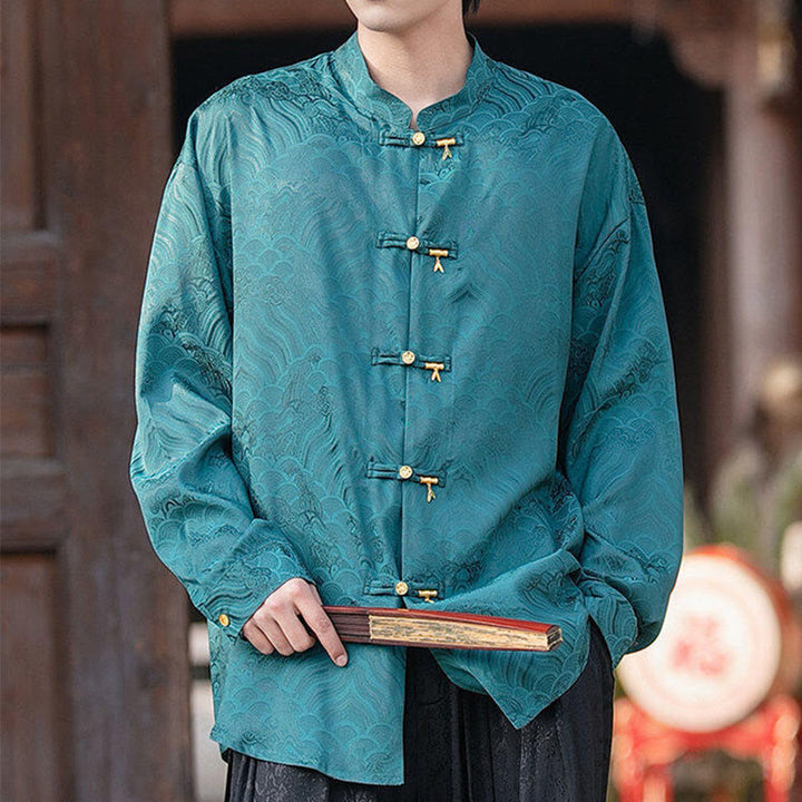 Buddha Stones Chinese Frog-Button Bamboo Shape Design Stand Collar Men's Long Sleeve Shirt - image 28