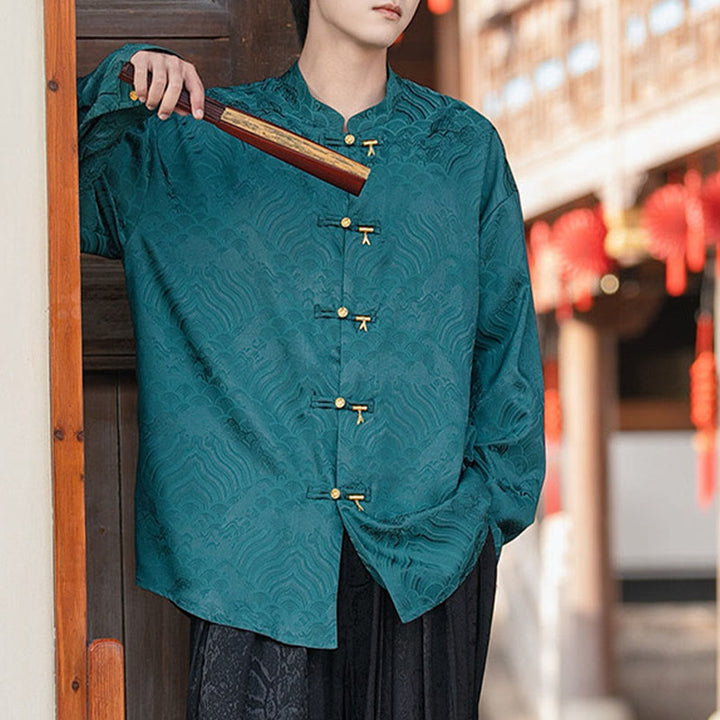 Buddha Stones Chinese Frog-Button Bamboo Shape Design Stand Collar Men's Long Sleeve Shirt - image 31