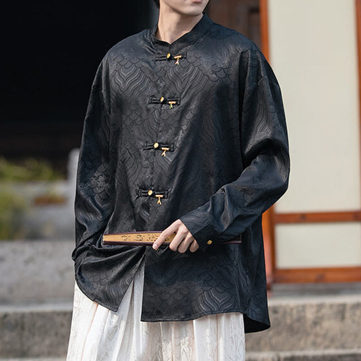 Buddha Stones Chinese Frog-Button Bamboo Shape Design Stand Collar Men's Long Sleeve Shirt - Black - US/UK/AU46，EU56 (5XL) - image 10