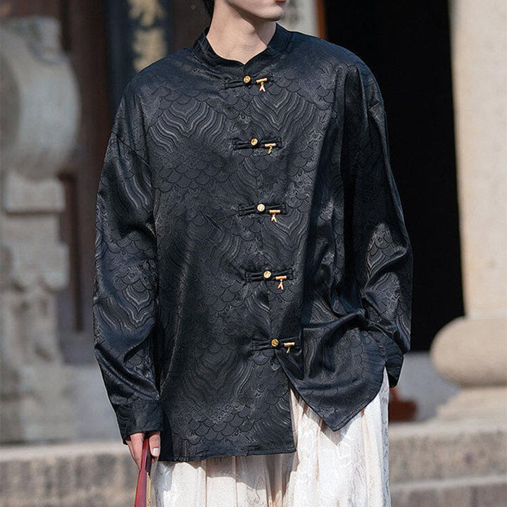 Buddha Stones Chinese Frog-Button Bamboo Shape Design Stand Collar Men's Long Sleeve Shirt - image 17