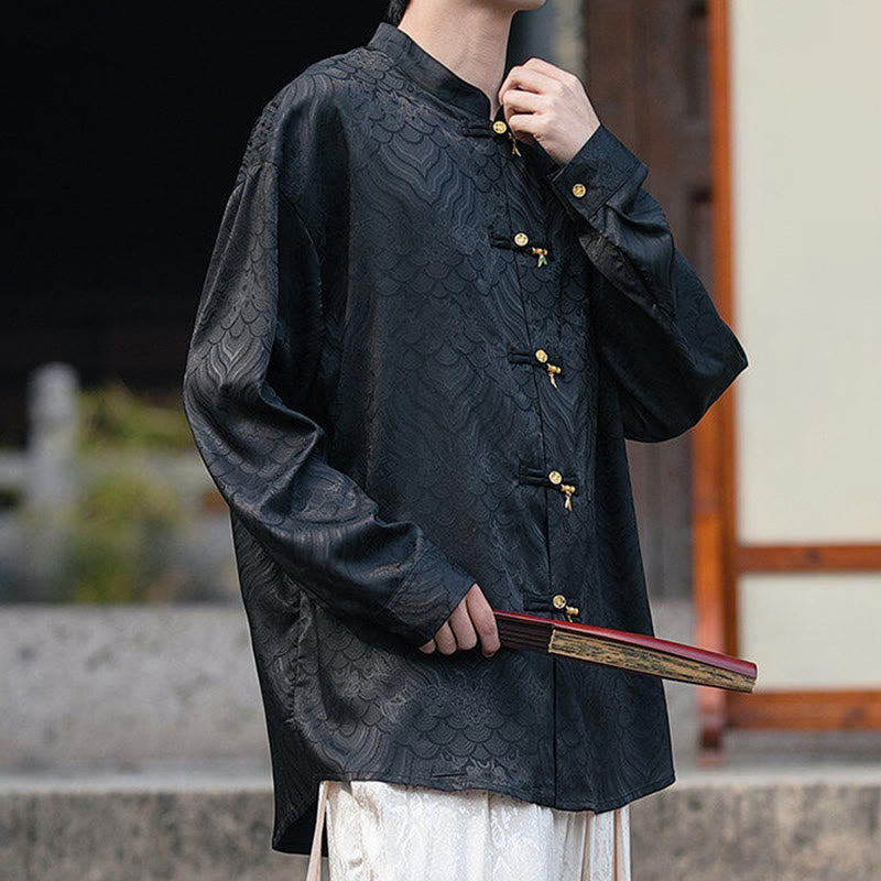 Buddha Stones Chinese Frog-Button Bamboo Shape Design Stand Collar Men's Long Sleeve Shirt - image 11