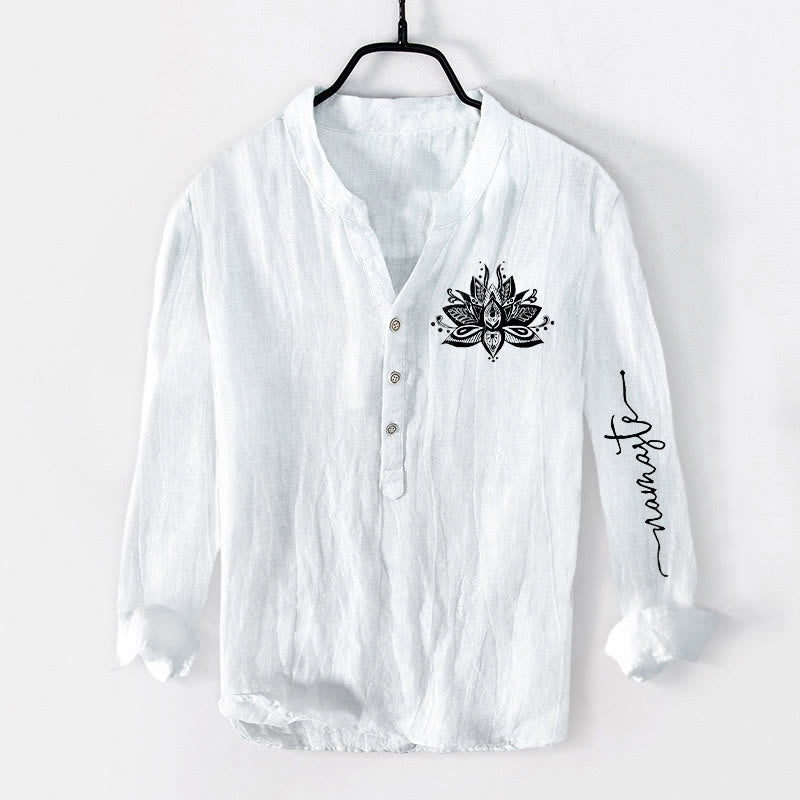 Buddha Stones Lotus Pattern Half Buttons Men's Cotton Linen Long Sleeve Shirt - White - US/UK/AU50，EU60 (5XL) - image 6