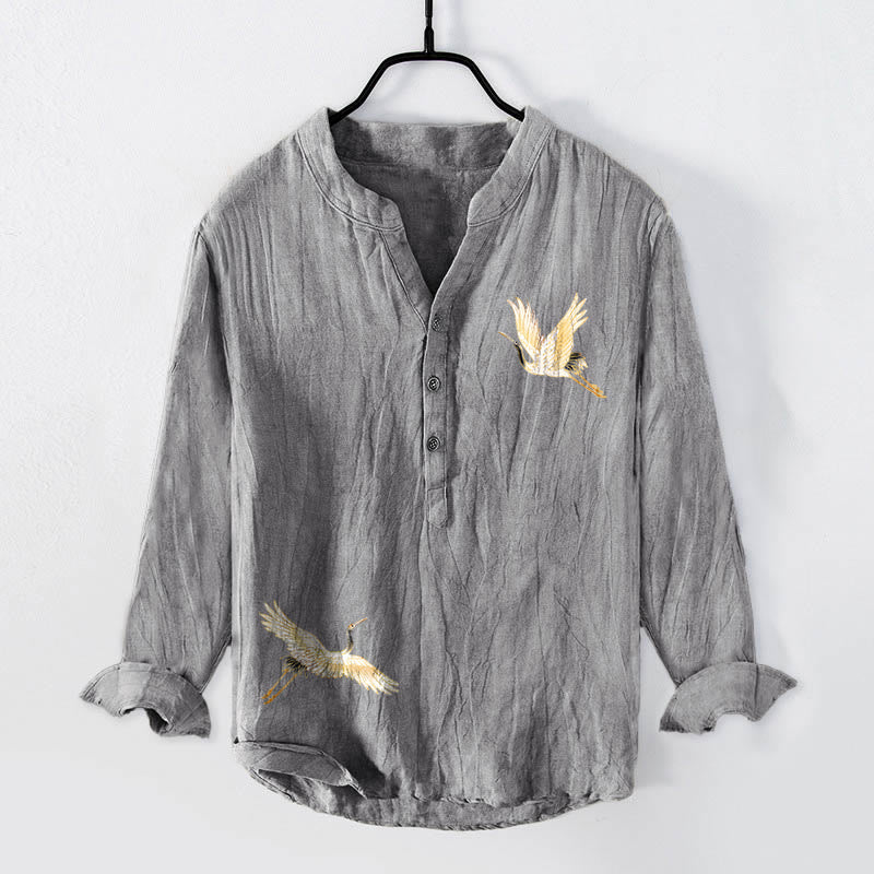 Buddha Stones Crane Red Sun Pine Tree Pattern Half Buttons Men's Cotton Linen Long Sleeve Shirt - image 1