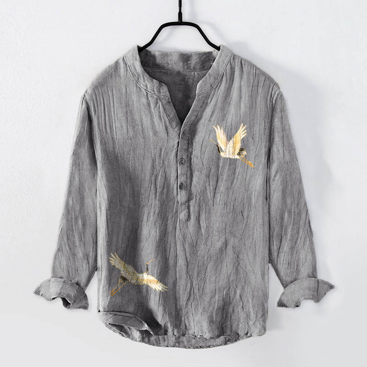 Buddha Stones Crane Red Sun Pine Tree Pattern Half Buttons Men's Cotton Linen Long Sleeve Shirt - image 1