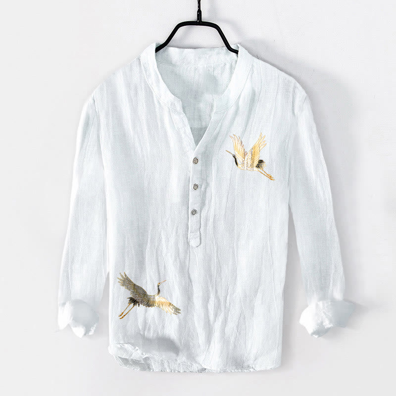 Buddha Stones Crane Red Sun Pine Tree Pattern Half Buttons Men's Cotton Linen Long Sleeve Shirt - image 7