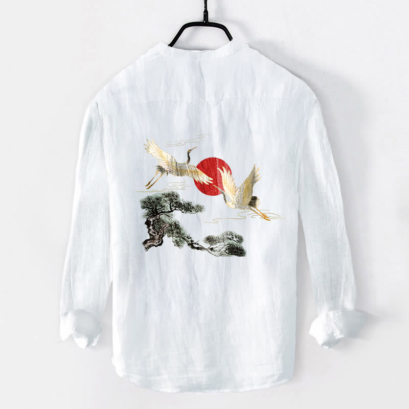 Buddha Stones Crane Red Sun Pine Tree Pattern Half Buttons Men's Cotton Linen Long Sleeve Shirt - image 8