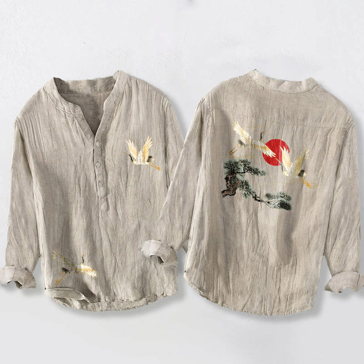 Buddha Stones Crane Red Sun Pine Tree Pattern Half Buttons Men's Cotton Linen Long Sleeve Shirt - Linen - US/UK/AU50，EU60 (5XL) - image 3