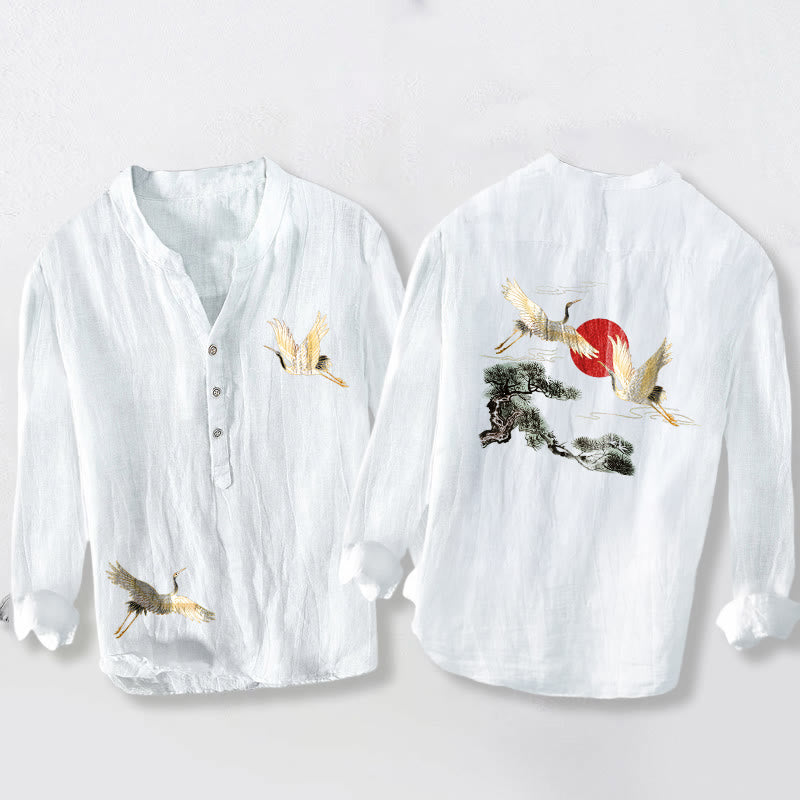 Buddha Stones Crane Red Sun Pine Tree Pattern Half Buttons Men's Cotton Linen Long Sleeve Shirt - White - US/UK/AU50，EU60 (5XL) - image 6