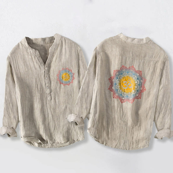 Buddha Stones Half Buttons Mandala Om Symbol Pattern Men's Cotton Linen Long Sleeve Shirt - Linen - US/UK/AU50，EU60 (5XL) - image 3