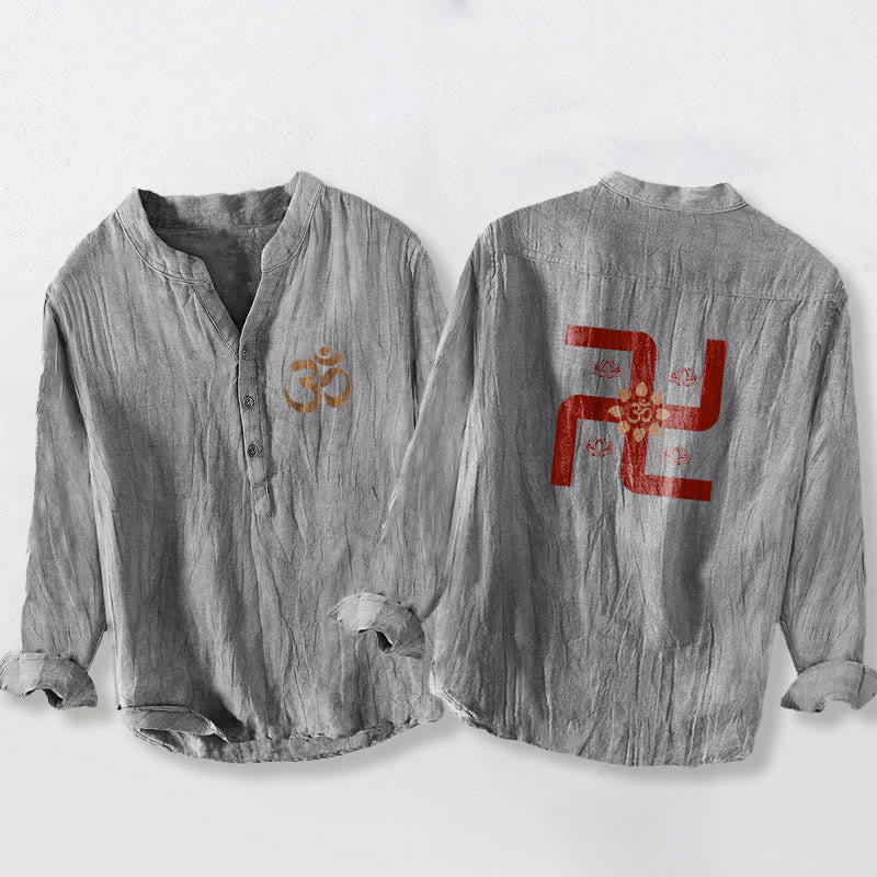Buddha Stones Half Buttons Lotus Swastika Om Symbol Pattern Men's Cotton Linen Long Sleeve Shirt - Gray - US/UK/AU50，EU60 (5XL) - image 3